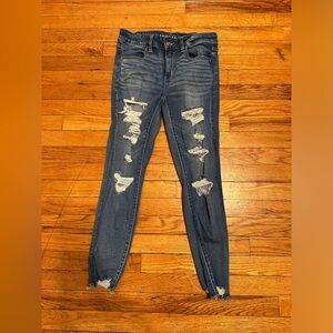 American Eagle Brilliant Blue Next Level Stretch Regular Rise Ripped Jeggings